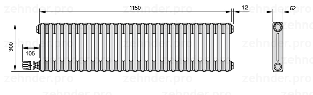 Схема (чертеж) Радиатор Zehnder Charleston 2030/25 №V004 Белый глянцевый RAL 9016